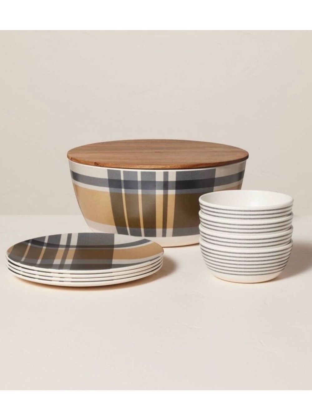 10pc Plaid & Stripe Bamboo Melamine Picnic Set - Hearth & Hand - ALL IN ONE